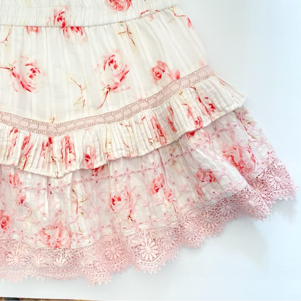LOVESHACKFANCY white pink rose floral print ruffle eyelet lace mini skirt - Picture 3 of 8